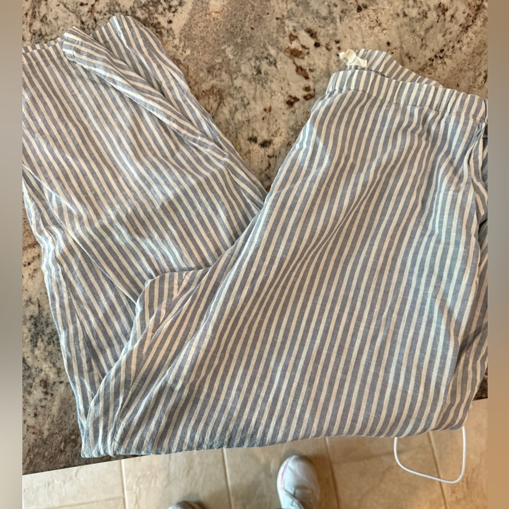 Eileen Fisher Blue and White Striped Hemp and Cotton Pants